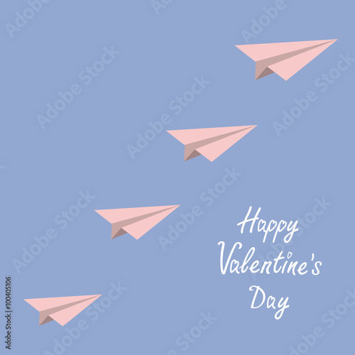 Happy Valentines Day. Love card. Origami paper plane flying in the sky. Flat design. Serenity, pink rose quartz color.
