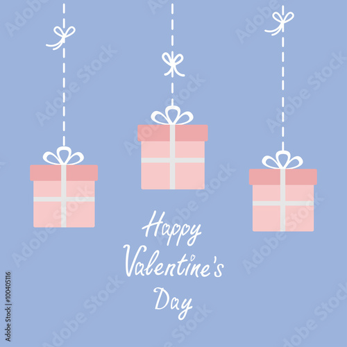 Happy Valentines Day. Love card. Three hanging giftboxes. Dash line with bow. Flat design. Rose quartz serenity color background.