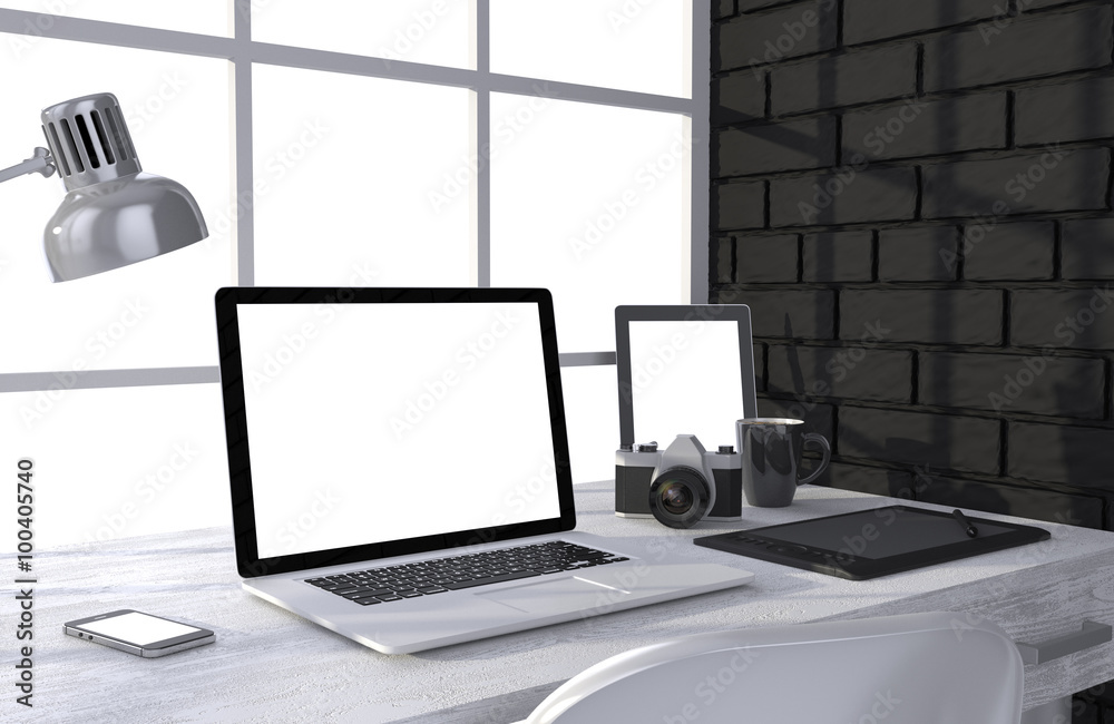 3D illustration laptop and work stuff on table near brick wall, Workspace 3D illustration laptop and work stuff on table near brick wall, Workspace