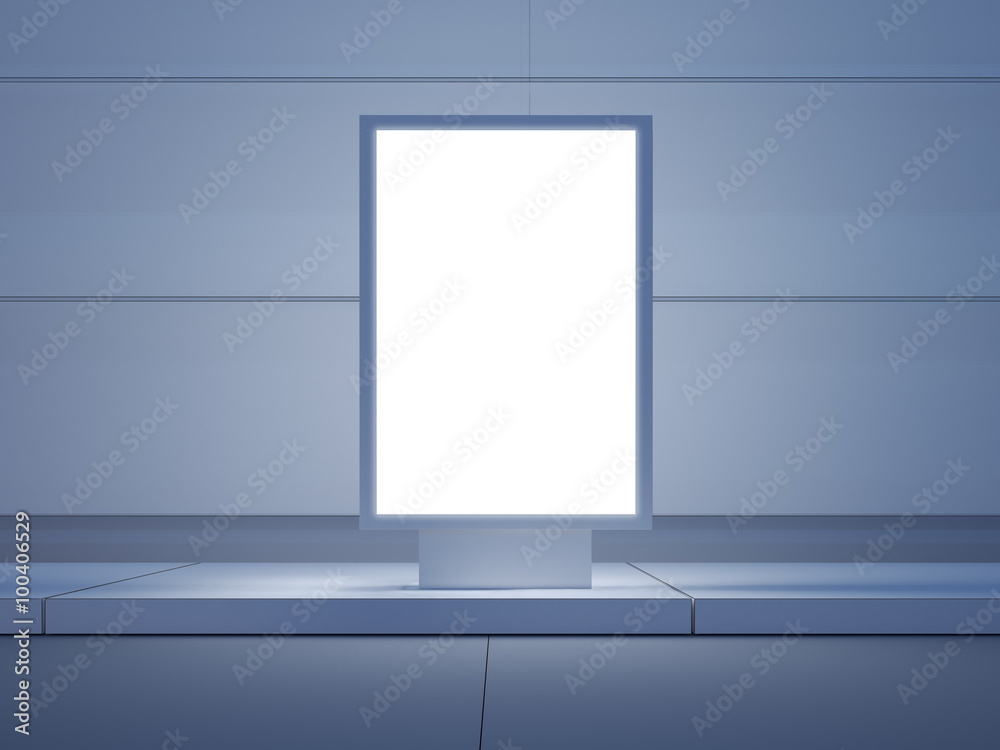 White lightbox on the empty street. Modern buildings in background. Front view. 3d render White lightbox on the empty street. Modern buildings in background. Front view. 3d render