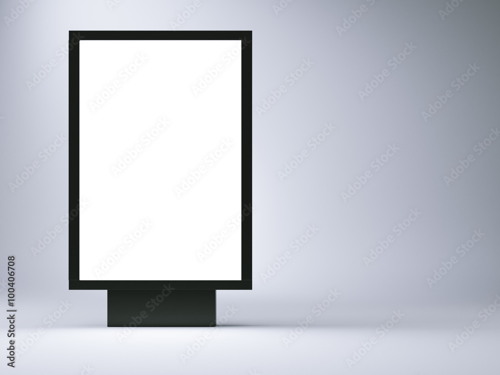 black lightbox in the empty studio. Left side. Blank gray wall background. 3d render black lightbox in the empty studio. Left side. Blank gray wall background. 3d render