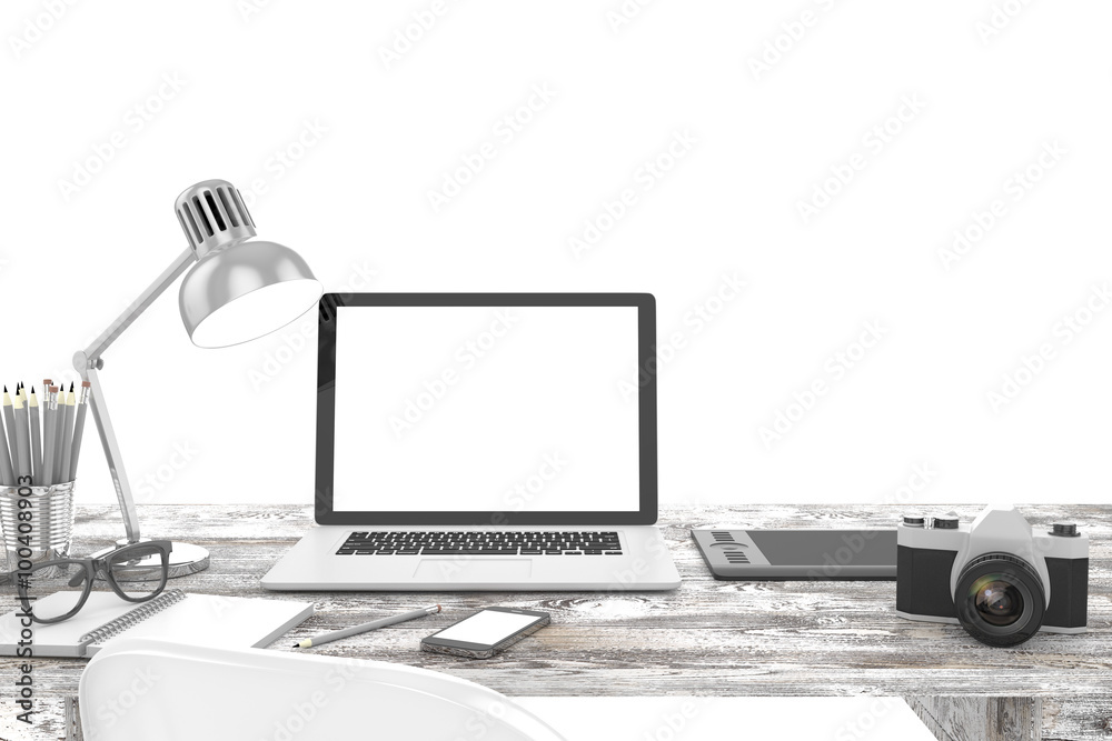 3D illustration laptop and work stuff on table near brick wall, Workspace 3D illustration laptop and work stuff on table near brick wall, Workspace