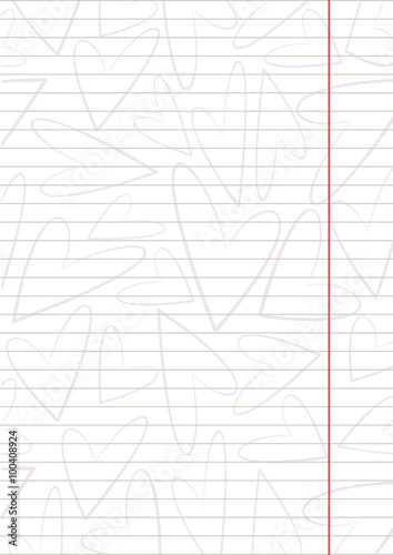 Vector blank for letter or greeting card. Paper of notebook, white form with hearts and lines. A4 format size.