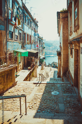 Street leading to the Douro river in Porto.