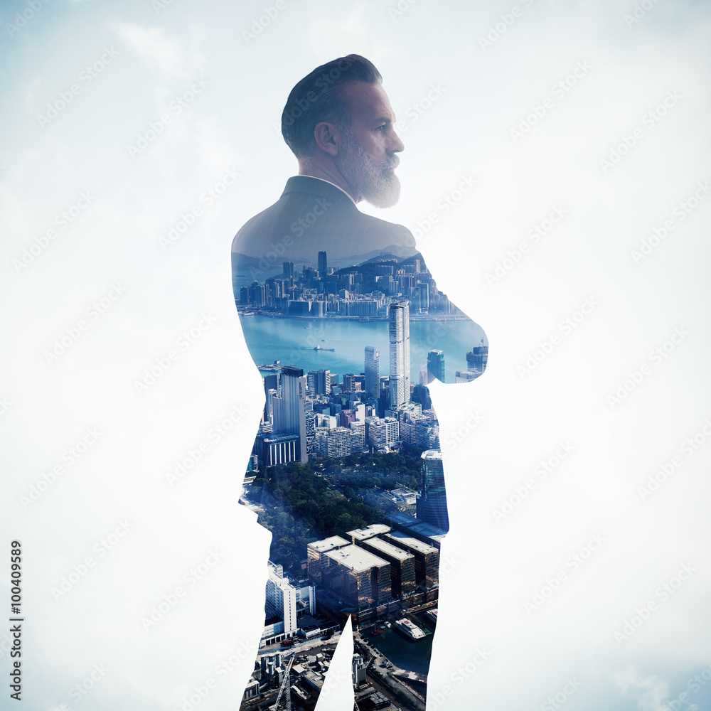 Portrait of stylish businessman. Double exposure city on the background. Square.