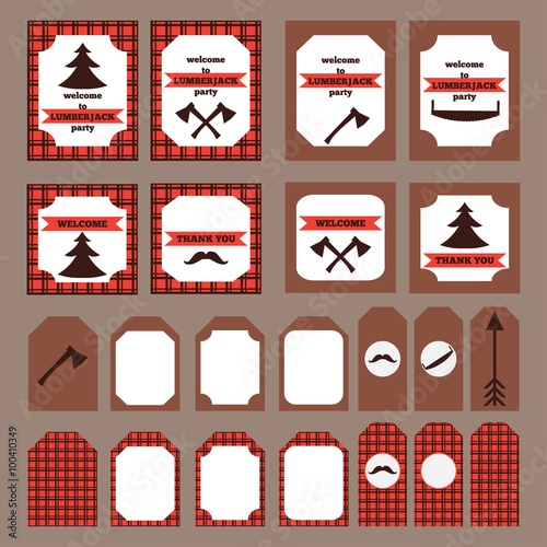 Printable set of vintage Lumberjack party elements. Templates, labels, icons and wraps.