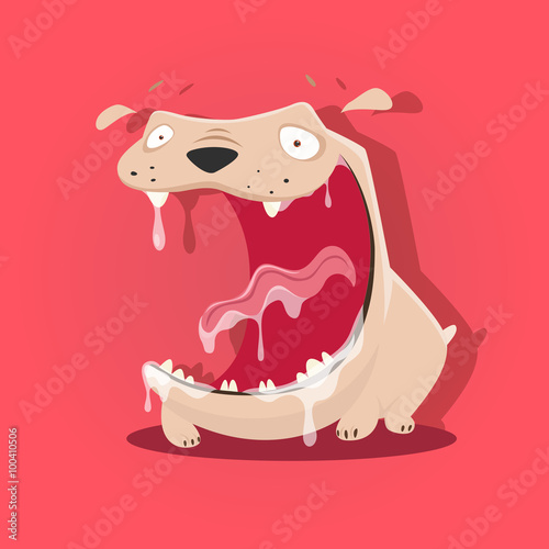 Funny mad slobbery dog with open mouth isolated on pink backgrou