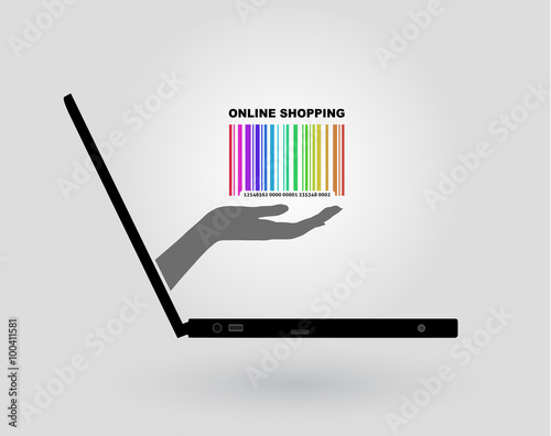 a woman's hand comes out of a laptop screen and show a barcode