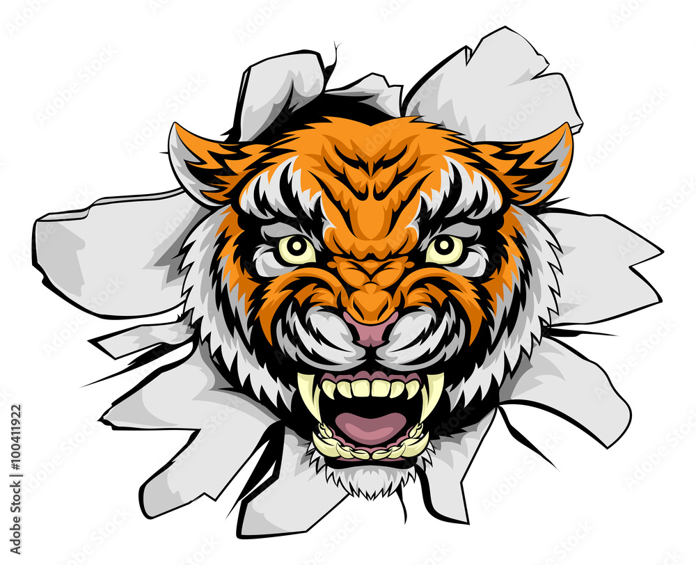 Tiger mascot ripping through Tiger mascot ripping through