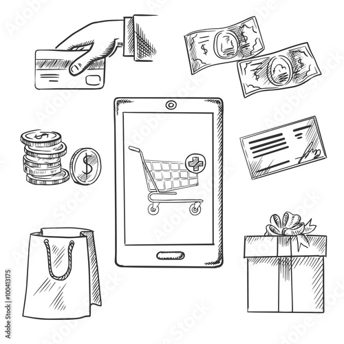 E-commerce and shopping sketch icons