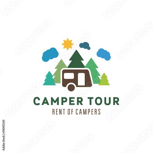 Camping in the woods clouds sun outdoor recreation camper vector illustrations flat