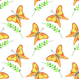 Seamless vector pattern with insects, colorful background with violet butterflies and branches with leaves om the white backdrop