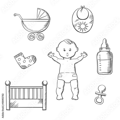 Baby sketch design with toys and objects