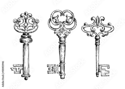 Vintage medieval sketched key skeletons