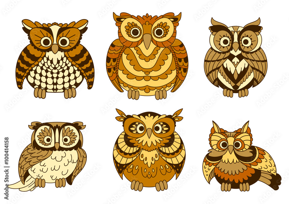 Cute brown cartoon owls birds Cute brown cartoon owls birds