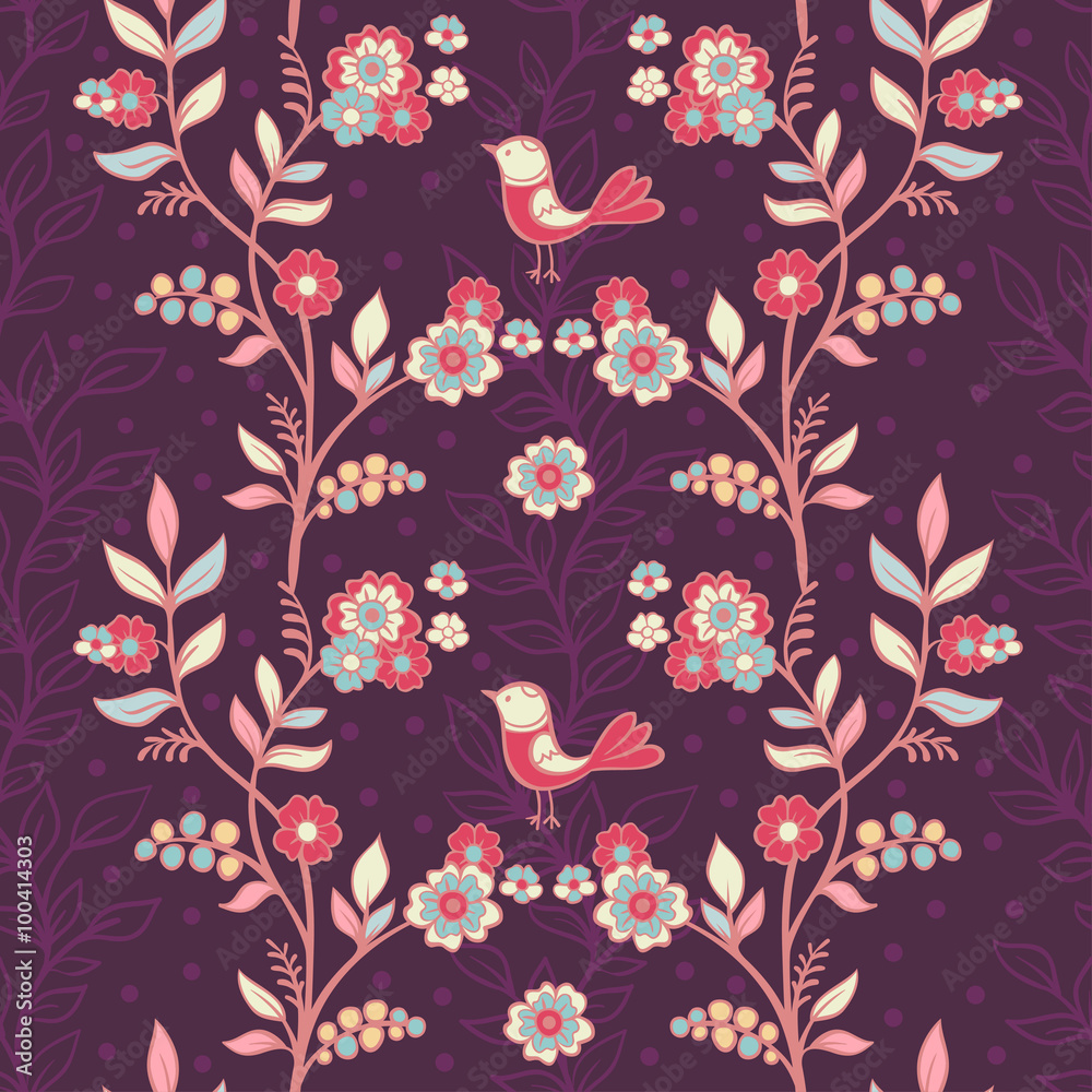 Vintage floral pattern with birds and flowers. Vector illustration on a theme of autumn with birds and flowers on a purple background.