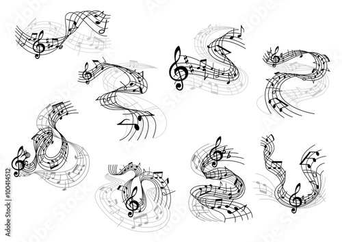 Musical notes and treble clefs on wavy staves