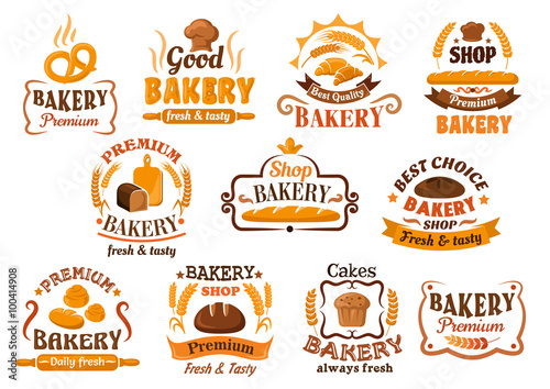 Bread, pastry and bakery shop icons or symbols
