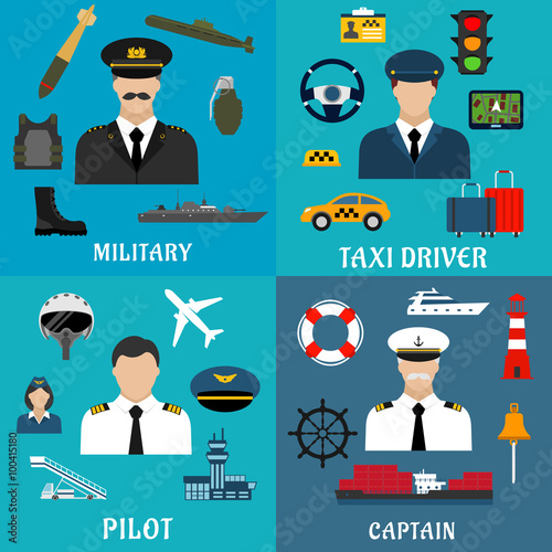Military, captain, pilot and taxi driver flat icons