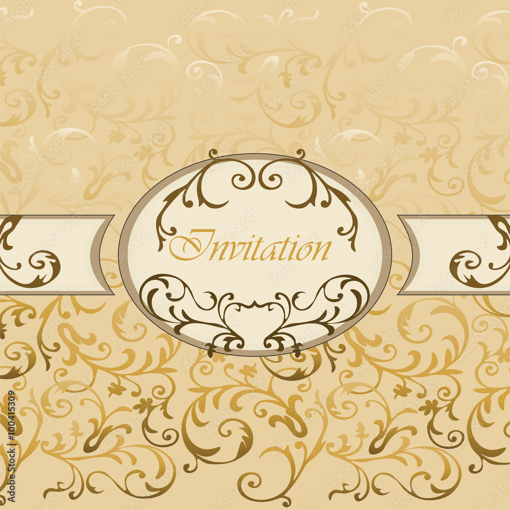 PrintDamask Invitation card with golden classic royal ornaments. Vector PrintDamask Invitation card with golden classic royal ornaments. Vector