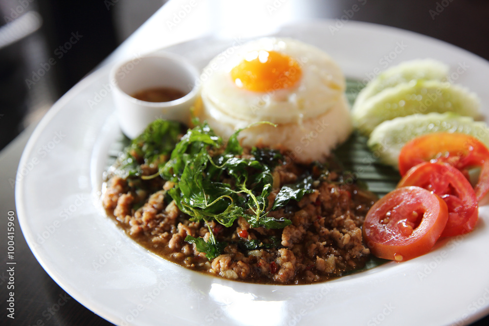Rice with stir fried pork and basil Rice with stir fried pork and basil