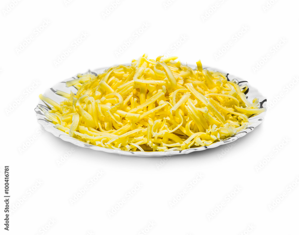 bowl of grated cheese on white background bowl of grated cheese on white background