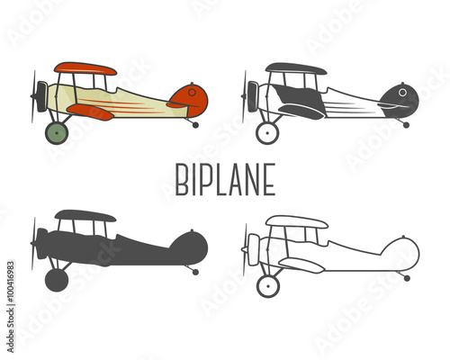 Set of vintage aircraft design elements. Retro Biplanes in color, line, silhouette, monochrome designs. Aviation symbols. Biplane emblem. Old style planes. Isolated on white background