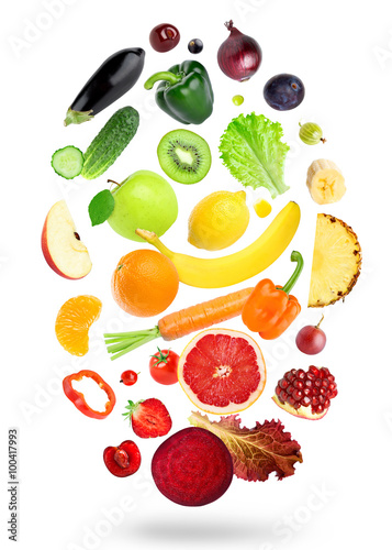 Fototapeta Naklejka Na Ścianę i Meble -  Falling fresh color fruits and vegetables