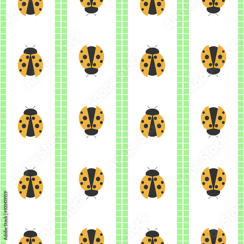 Seamless vector pattern with insects, symmetrical geometric bcolorful background with ladybugs. Decorative repeating ornament © Valentain Jevee