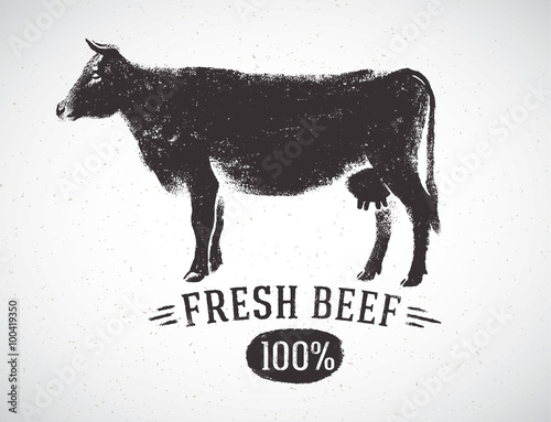 Graphical silhouette cow and inscription. Vector illustration, drawn by hand.
