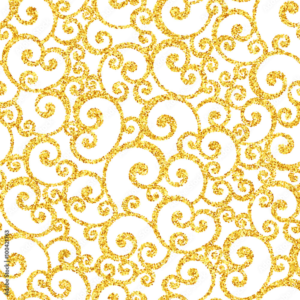 Vector gold glitter swirl seamless pattern, golden sparkles on white background, vip design template Vector gold glitter swirl seamless pattern, golden sparkles on white background, vip design template