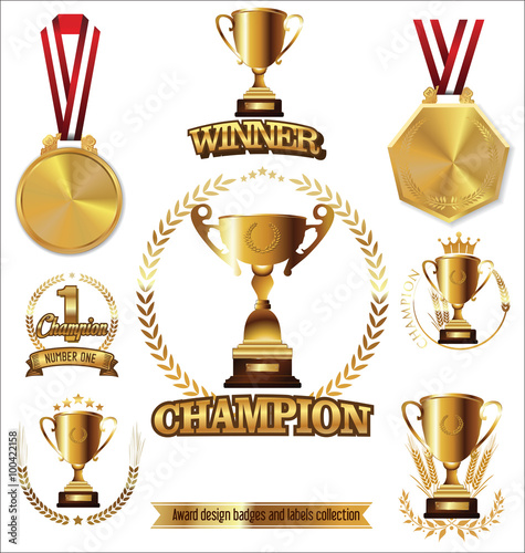 Gold trophy and medal with laurel wreath vector illustration