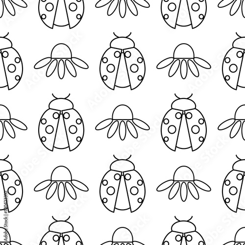 Seamless vector pattern with insects, symmetrical  black and white background with ladybugs and daisies. photo