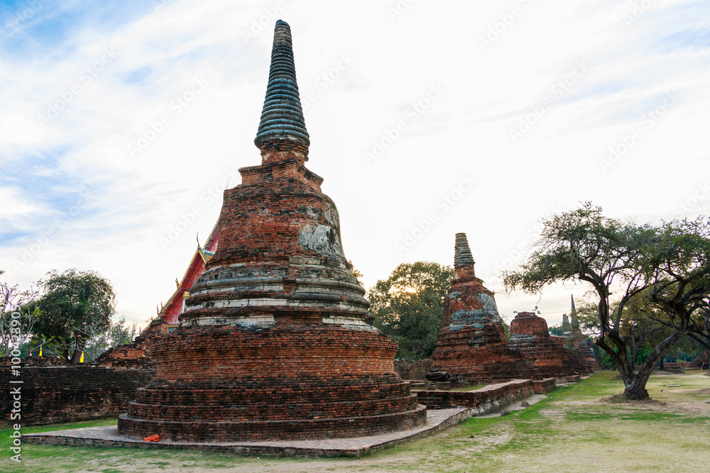 Asian religious architecture. Ancient Buddhist pagoda ruins at Wat Phra Sri Sanphet Temple in Ayutthaya, Thailand 