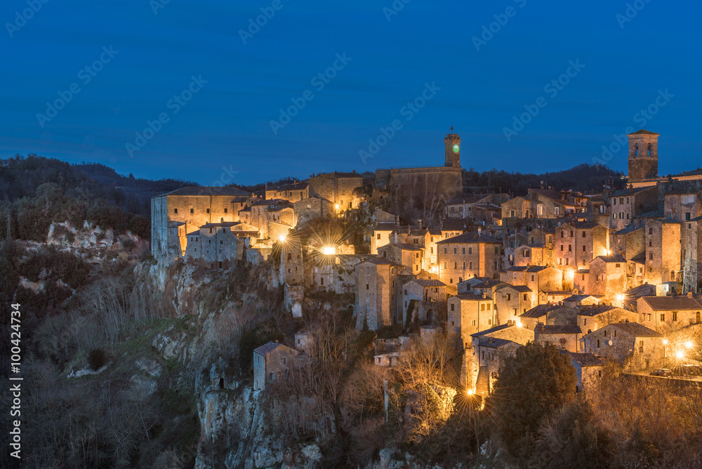 Night panorama of the Etruscan medieval town in Tuscany, Sorano.