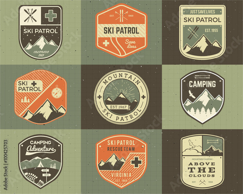 Set of Retro style Ski Club, Patrol Labels. Classic Mountain elements. Winter or summer camping explorer badges. Outdoor adventure logo design. Travel hipster insignia. Mountains icon symbol. Vector