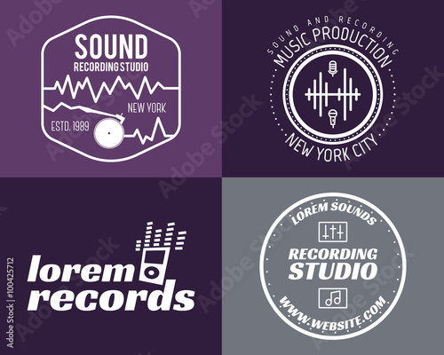 Vector music production studio logos set. Musical label icons. Music insignia and emblems print or logotype. Guitars badge for sound recording studio t-shirt  sound production. Podcast  radio badges