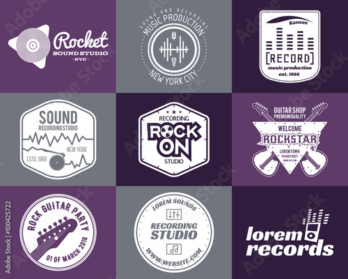 Set of vector music production logo Musical label icons. Music patch and emblem print or logotype Guitars badge for sound recording studio t shirt, sound production Podcast, radio badges. Music icon