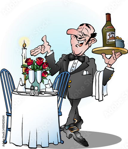 Vector cartoon illustration of a waiter invites to table