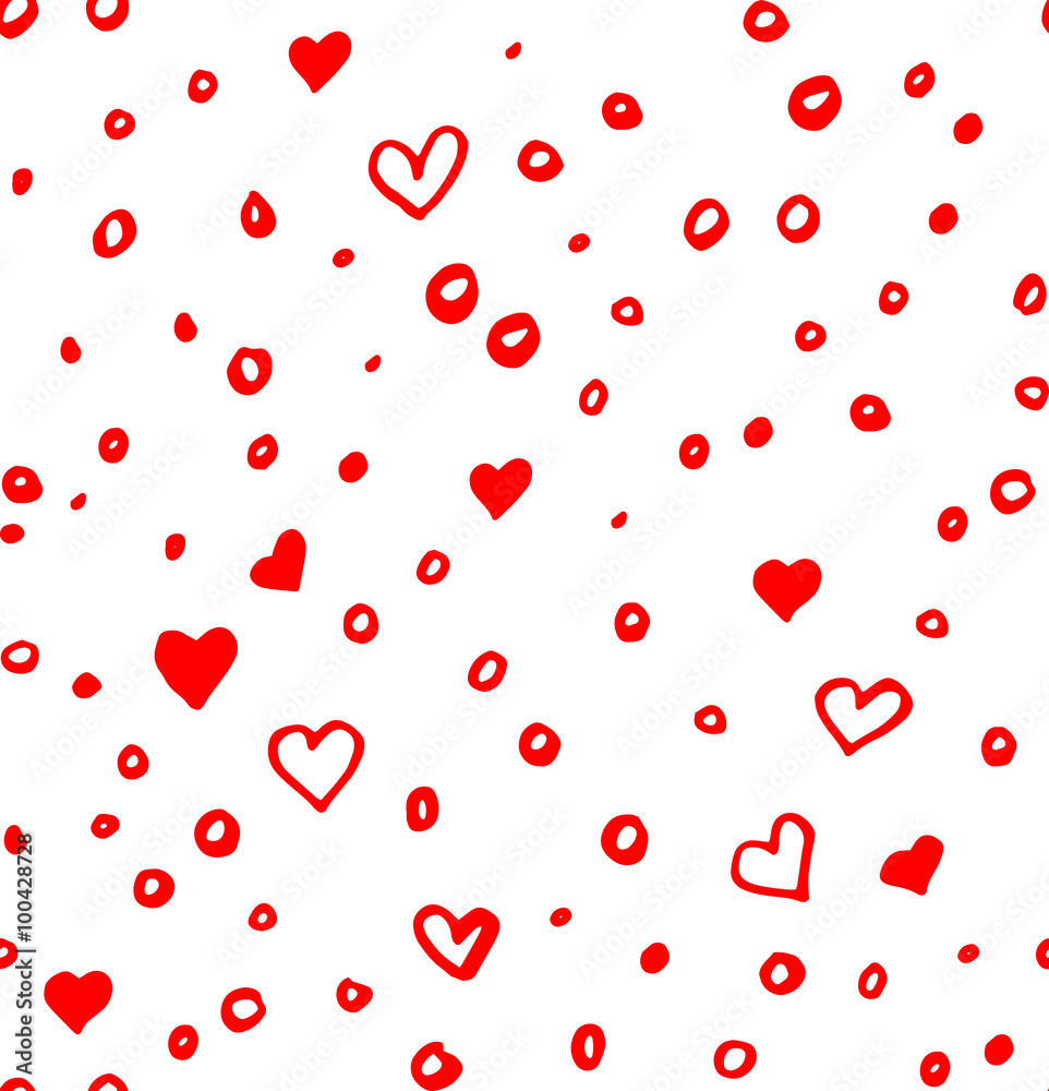 Hand drawn seamless doodle pattern with irregular hearts, sircles and spots