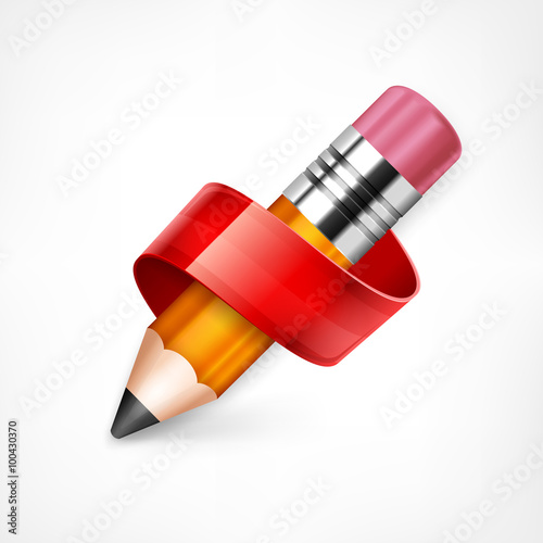 Wooden pencil with red ribbon on white, vector illustration