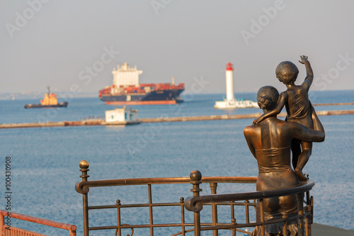 Statue of mother and son greeting the sailor on the pier. Odessa, Ukraine