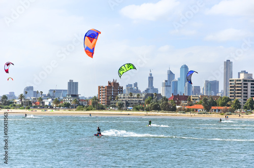 Kite surfing on St Kilda Beach in Melbourne, Australia