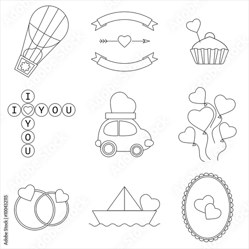 Set of decorative mono line elements for Valentine Day
