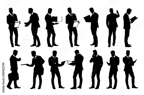 Set of detailed businessman in suit silhouettes using holding various business objects. Easy editable layered vector illustration