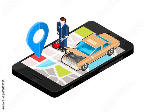 Isometric Smart Phone Locator - Auto Mechanic.
vector illustration of a mobile phone with Navigator map for finding a garage with repairman.