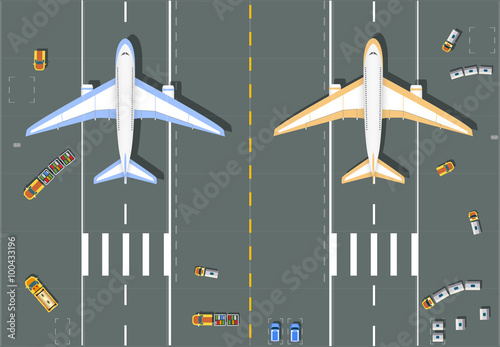 Overhead   point of view airport with all the buildings, planes, vehicles and airport runway