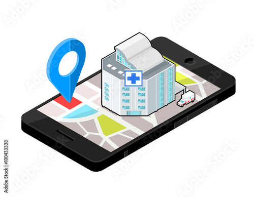 Isometric Smart Phone Locator - Hospital.
vector illustration of a mobile phone with Navigator map for emergency services.