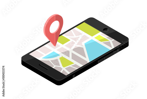 Isometric Smart Phone Locator - City Map.
vector illustration of a mobile phone with Navigator map.