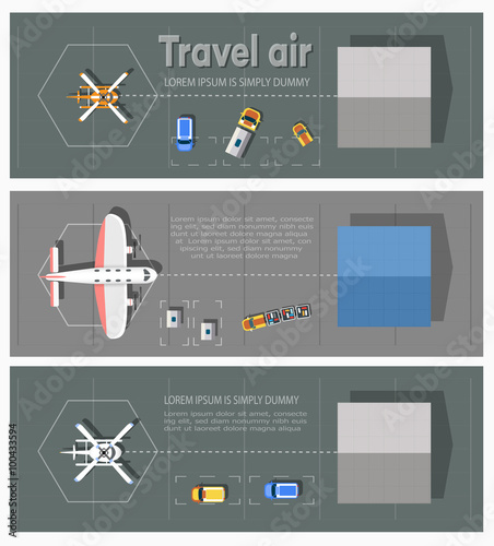 Overhead   point of view airport with all the buildings, planes, vehicles and airport runway